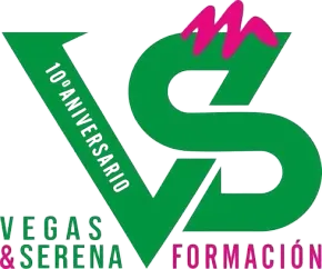 Logo verde y fucsia de Vegas & Serena Formación, con “10 aniversario” y una gran “VS”.