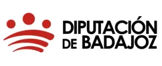 Logo de la Diputación de Badajoz en rojo y negro, con líneas curvas y texto institucional.