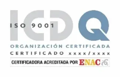 Logotipo de la certificación ISO 9001 con texto gris y azul, que menciona al certificador acreditado ENAC.