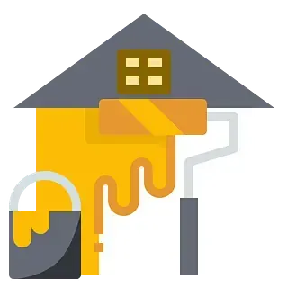 Se está pintando una casa con un balde de pintura y un pincel.