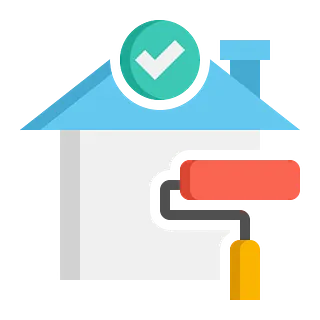 Una casa con una marca de verificación en el techo y un rodillo de pintura.