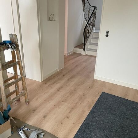 Flur mit hellem Holzboden, weißen Wänden und Treppe. Ein Teppich und eine Leiter sind zu sehen.