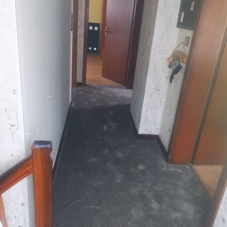 Flur mit dunklem Teppichboden, Holztüren und einem hölzernen Treppengeländer.