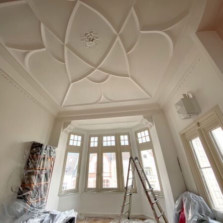 Eine reich verzierte weiße Decke mit floralem Muster über einem Zimmer mit Erkerfenster und Leiter.
