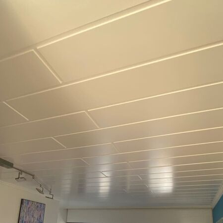 Weiße Decke mit rechteckigen Paneelen und Einbauleuchten.