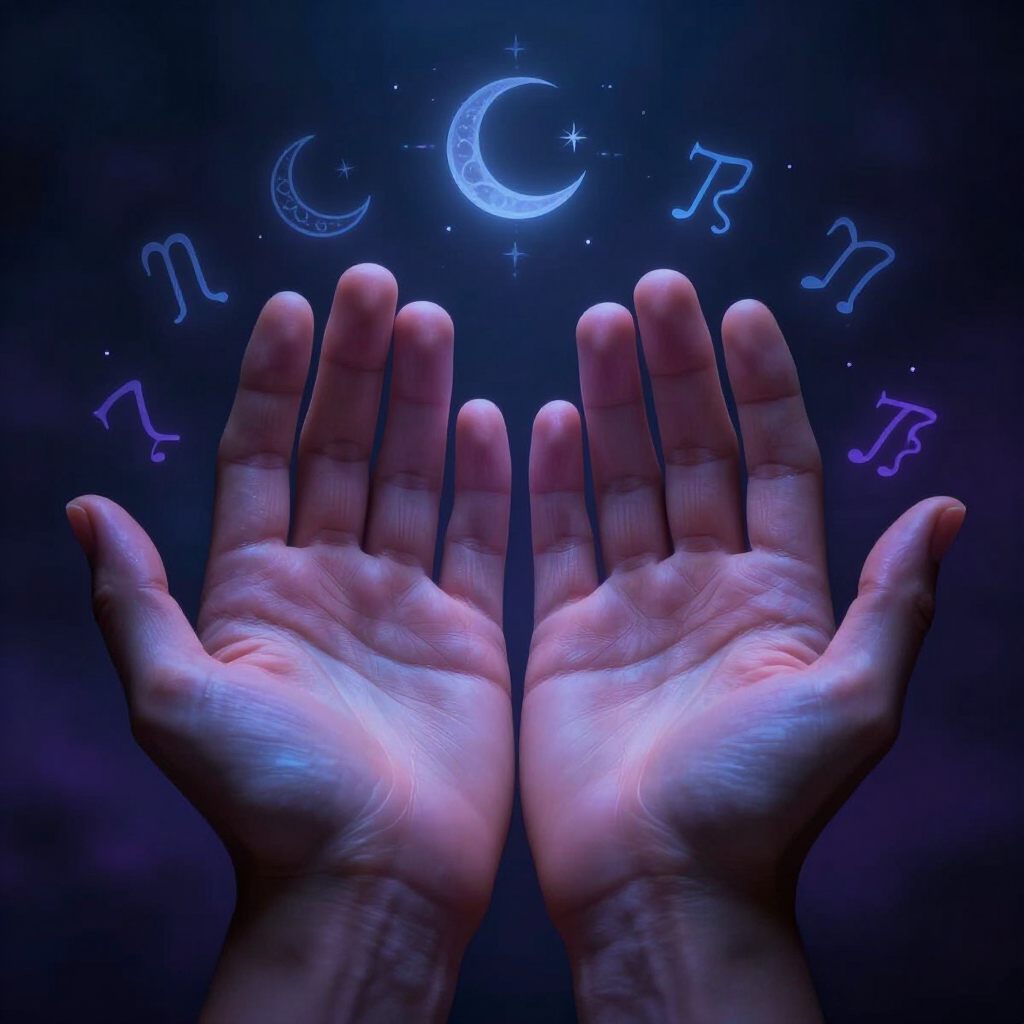 Manos abiertas bajo símbolos del zodiaco luminosos y lunas crecientes sobre un fondo morado oscuro