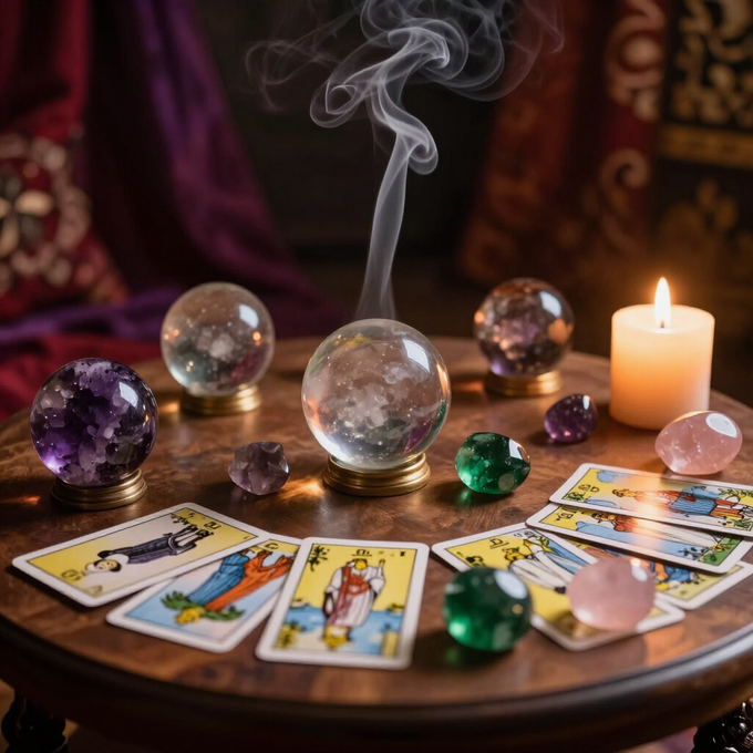 Cartas del tarot, cristales y una vela encendida sobre una mesa de madera, con el humo del incienso elevándose
