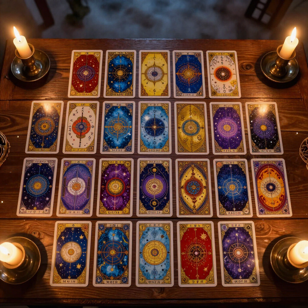 Cartas del tarot dispuestas en filas sobre una mesa de madera, iluminadas por cuatro velas en una habitación en penumbra