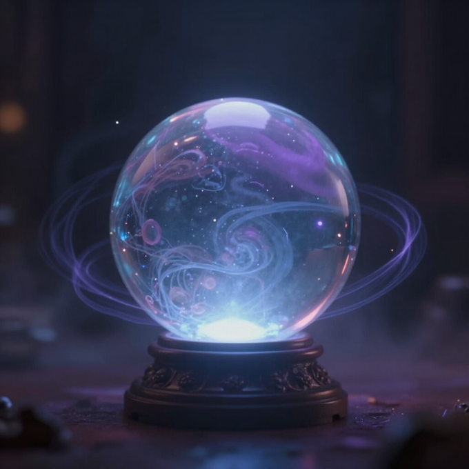 Orbe de cristal resplandeciente con una luz púrpura arremolinada sobre un pedestal oscuro