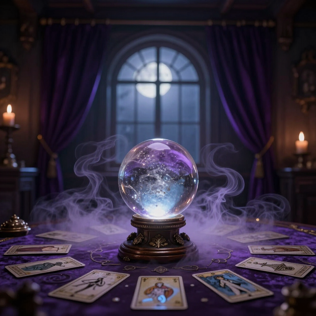 Cartas del tarot rodean una bola de cristal