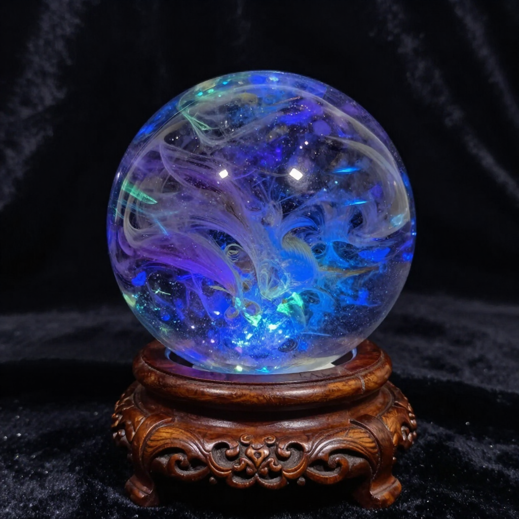 Orbe de cristal azul violáceo brillante sobre un soporte de madera ornamentado, sobre un fondo negro