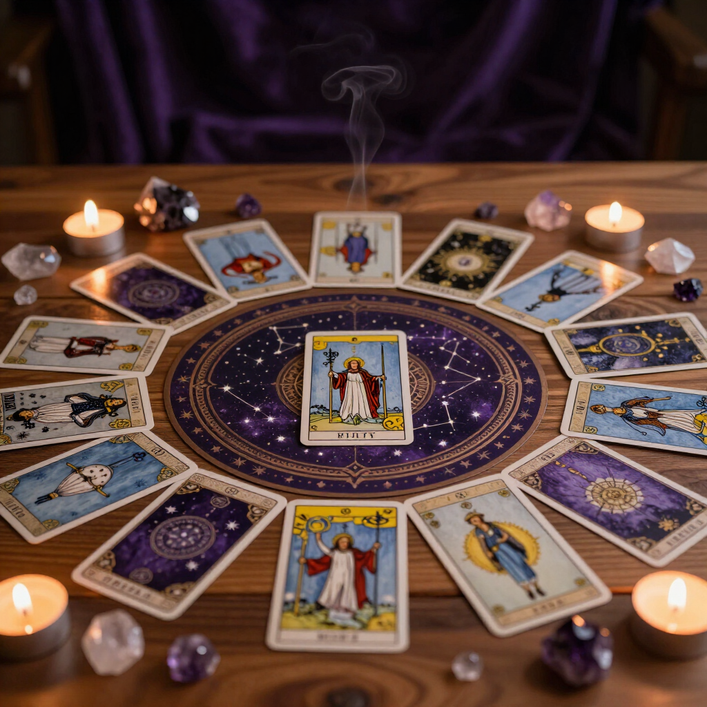 Cartas del tarot dispuestas en círculo sobre una mesa de madera, con velas encendidas y cristales morados
