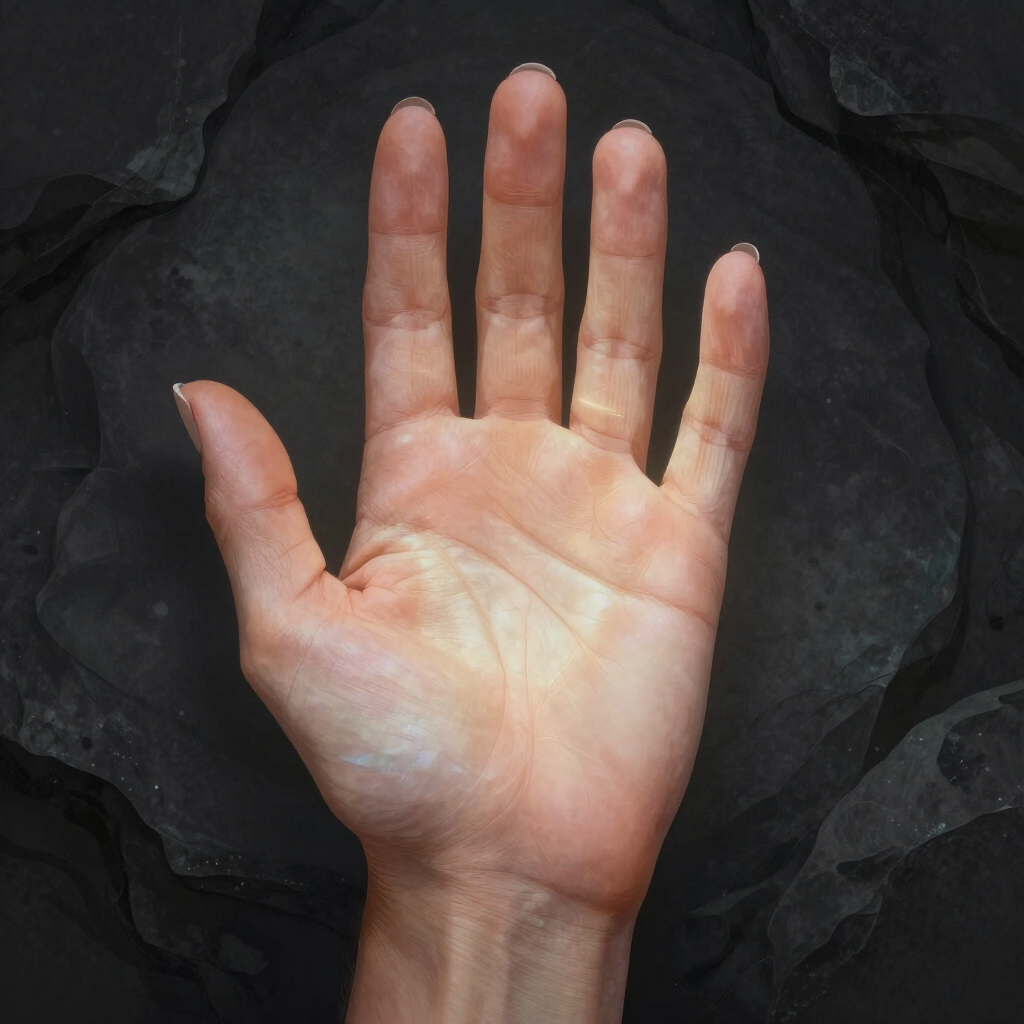 Una mano humana abierta, con la palma hacia arriba, sobre un fondo oscuro con textura.