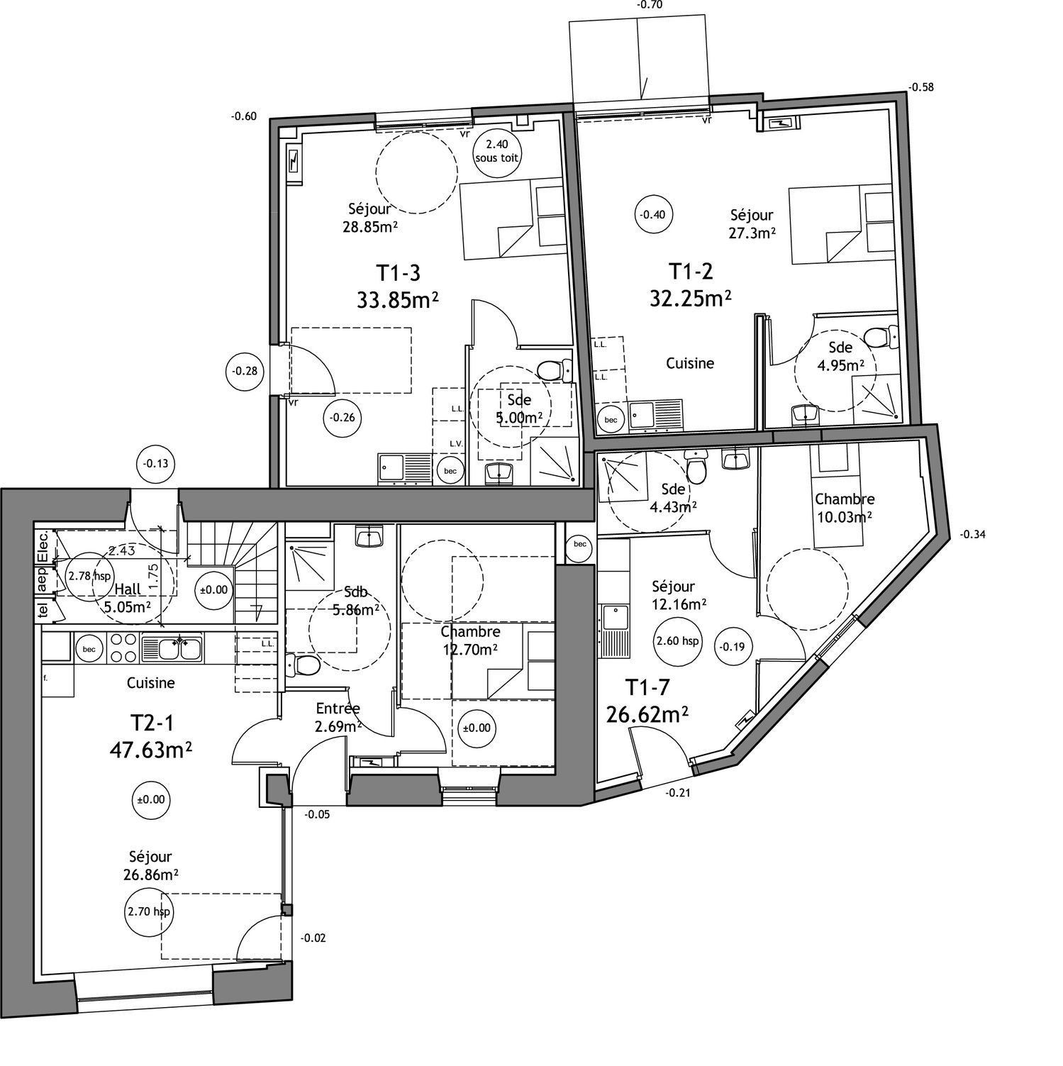 Projection sur plan d'une maison transformée en logements collectifs