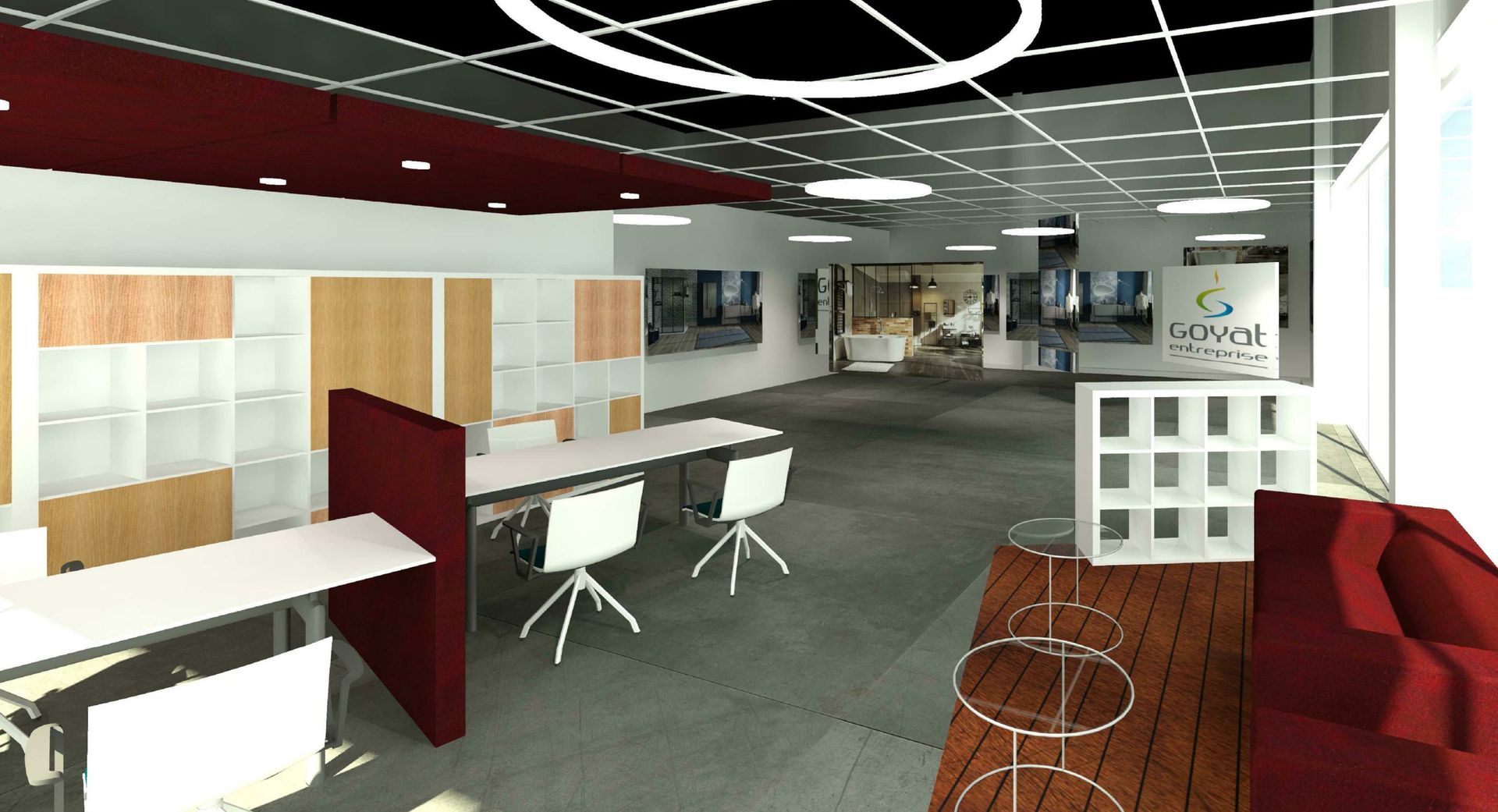 Rendu 3D de l'intérieur d'un espace commercial