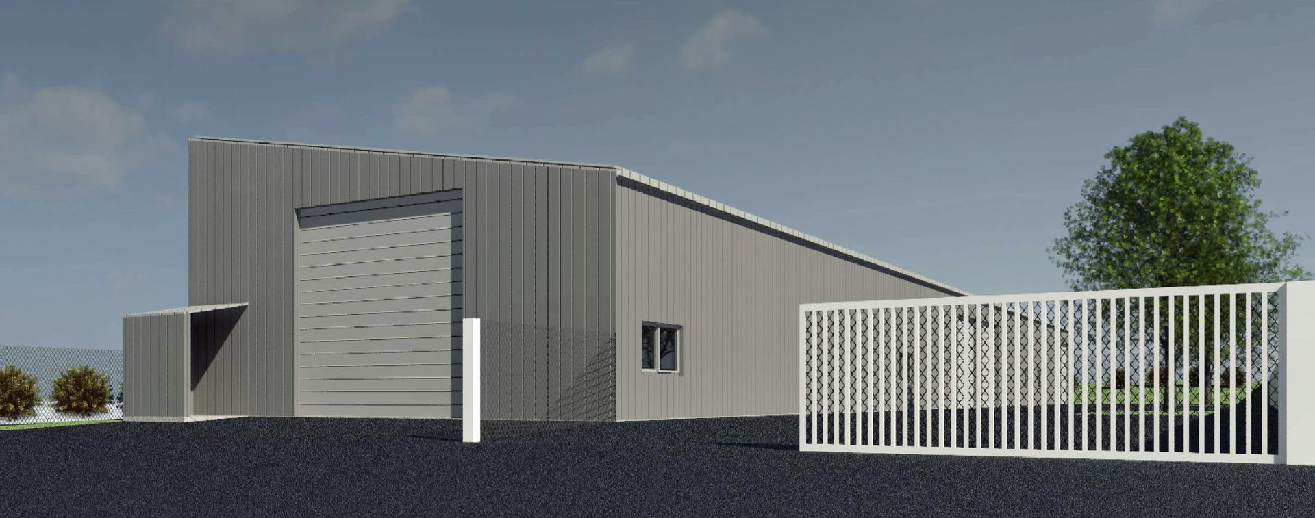 Projection 3D pour un bâtiment industriel gris