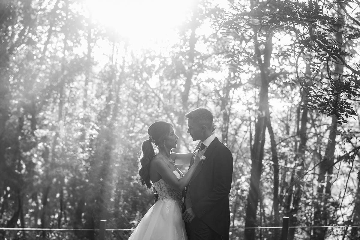 Una fotografía en blanco y negro de una novia y un novio bailando en el bosque.