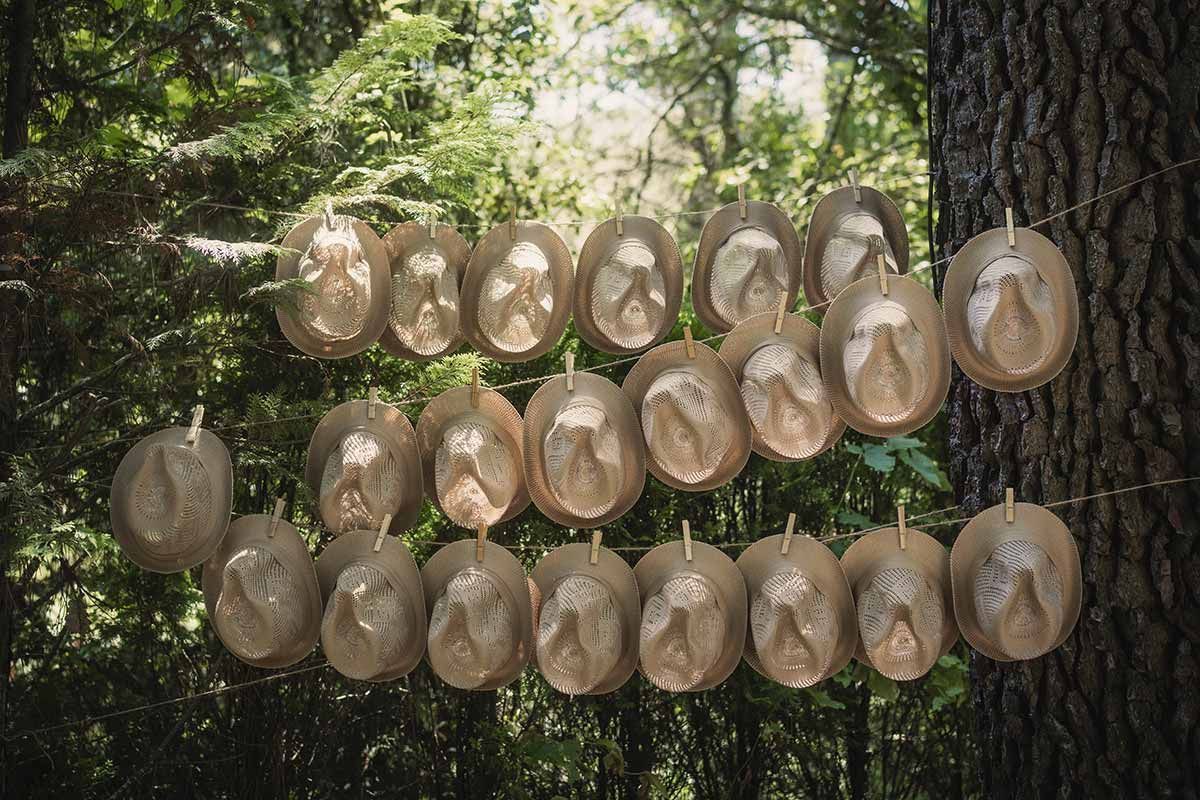 Una hilera de velas colgando de un árbol en el bosque.