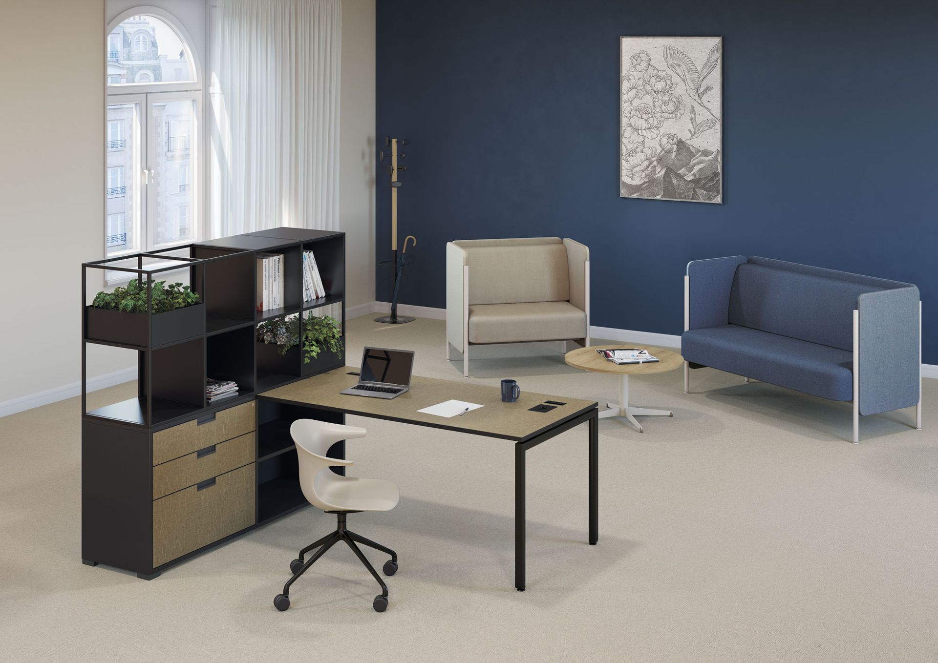 Salon professionnel avec meuble noir et bois, tapisserie bleue