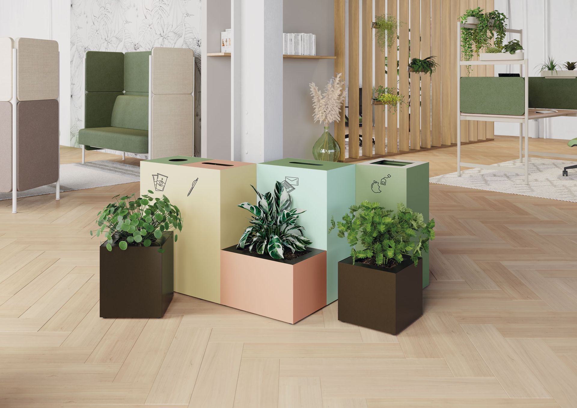 Pots de fleur et poubelles colorés et design