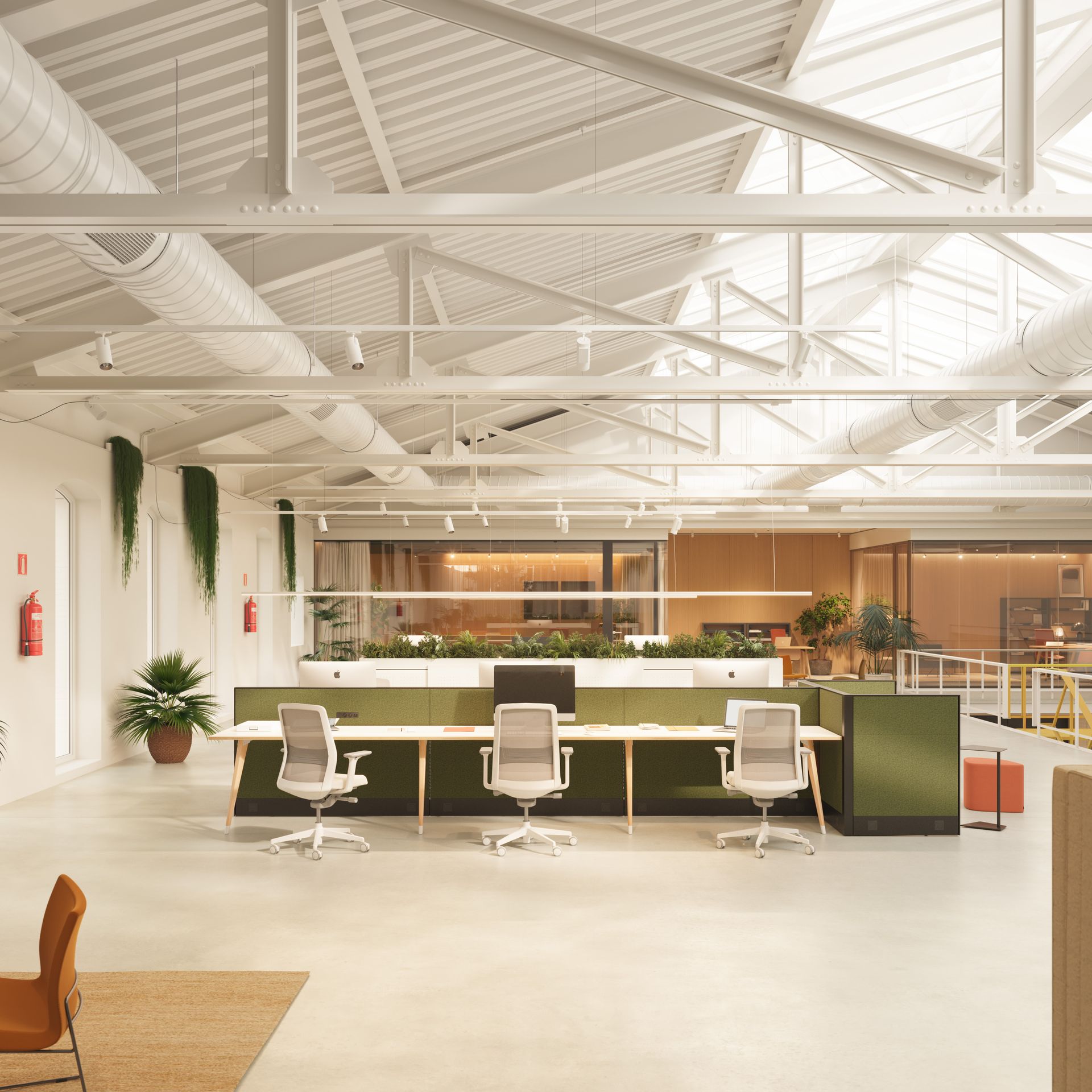 Bureau vu de loin dans open space avec toit blanc apparent