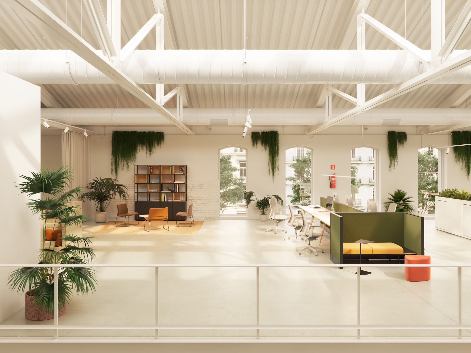 Open space avec rembarde blanche, plantes et banquette noire et jaune