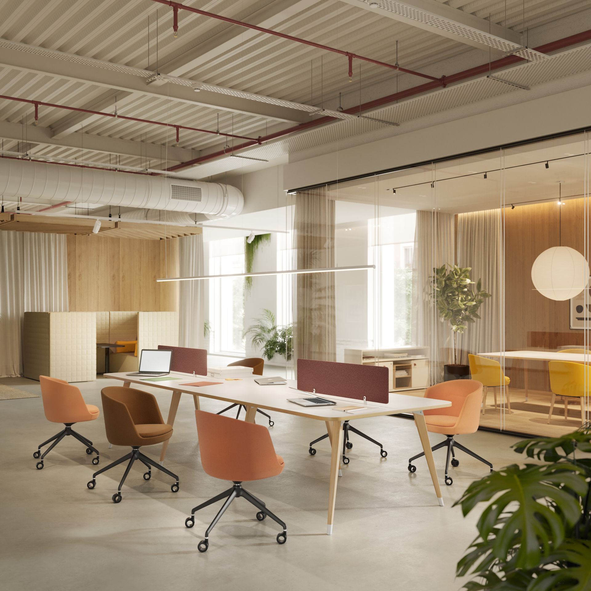 Bureau pour réunion avec sièges oranges et marrons