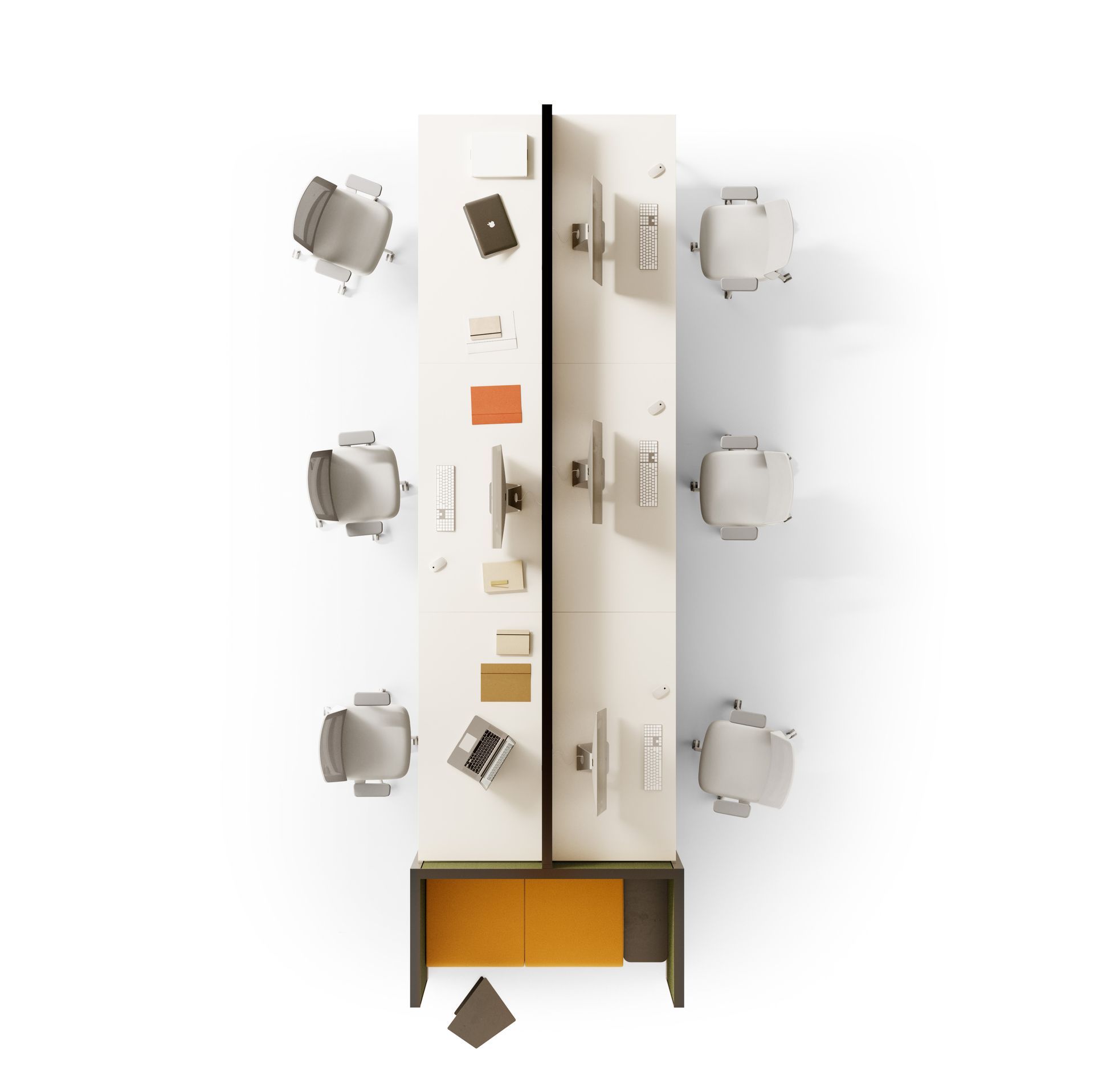 Espace avec plusieurs bureaux et une banquette, vu du dessus