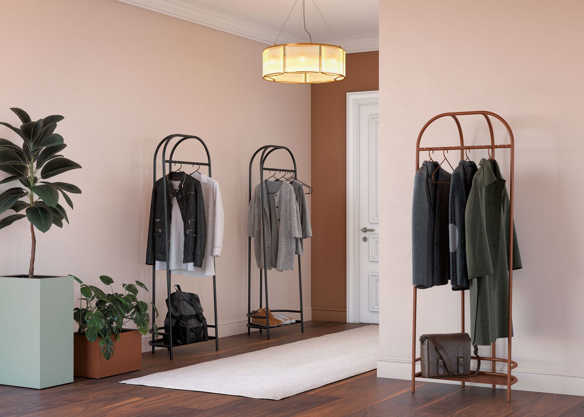 Porte-manteaux dans entrée avec tapis et murs roses