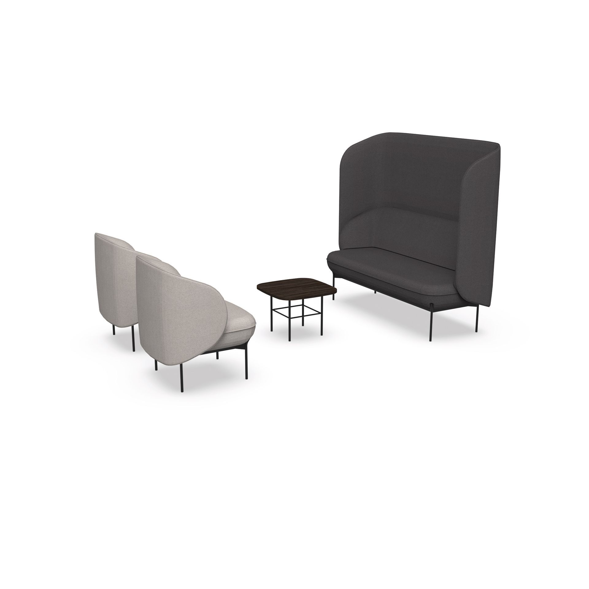 Mini table avec banquette grise et deux petits fauteuils