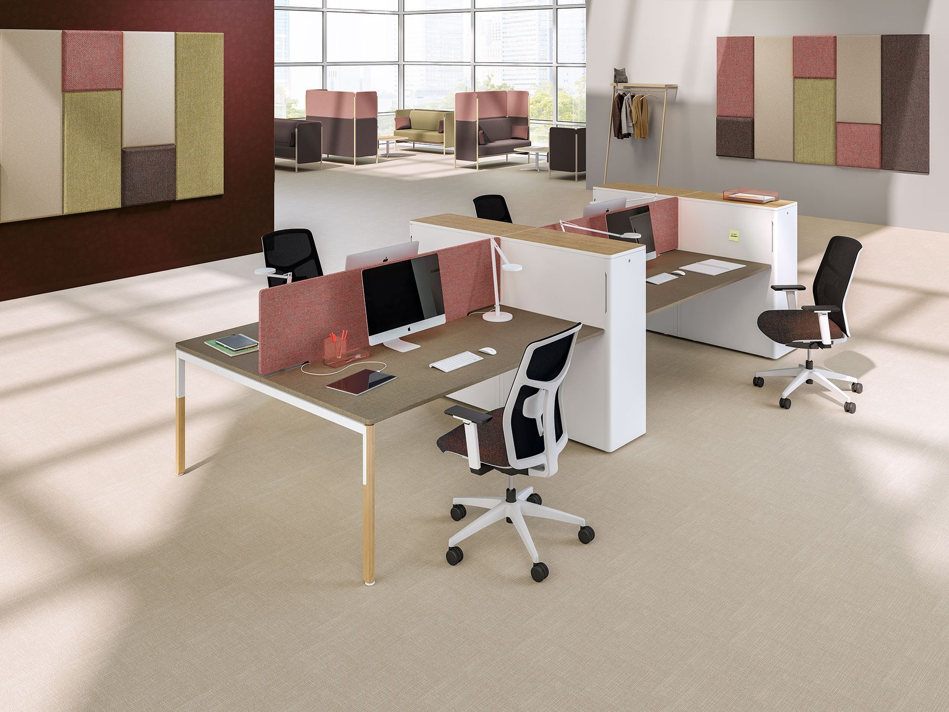 Bureaux séparés avec séparation rouge et chaise noire et blanche