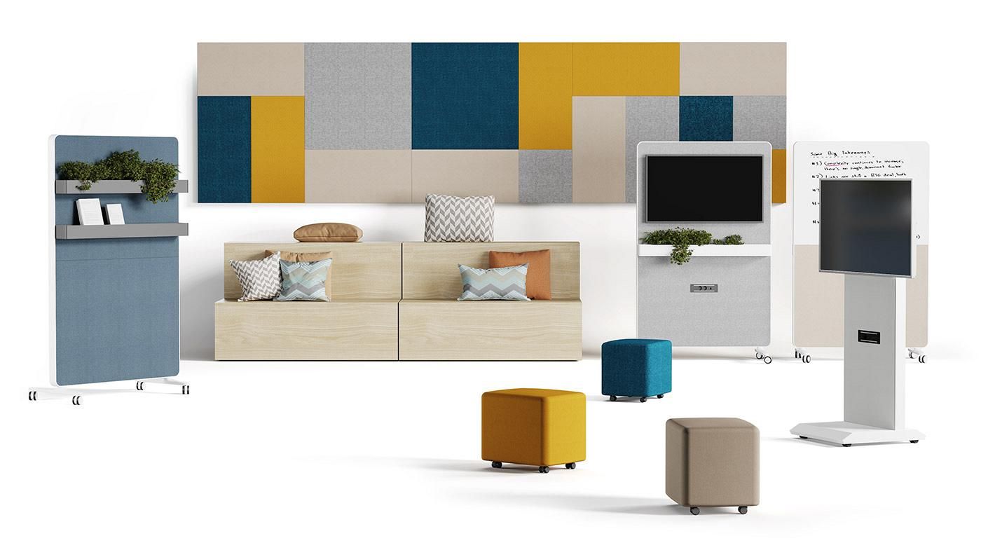 Elements pour confort au bureau de couleurs jaunes, grises ou bleus