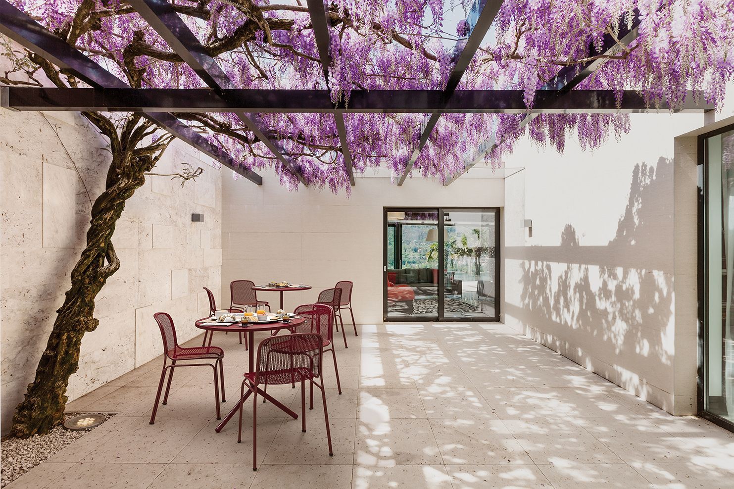 Espace détente avec arbre à fleurs violettes