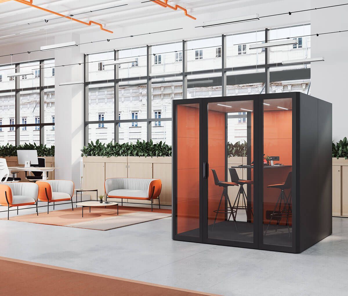 Cabine Qyos avec trois tabourets