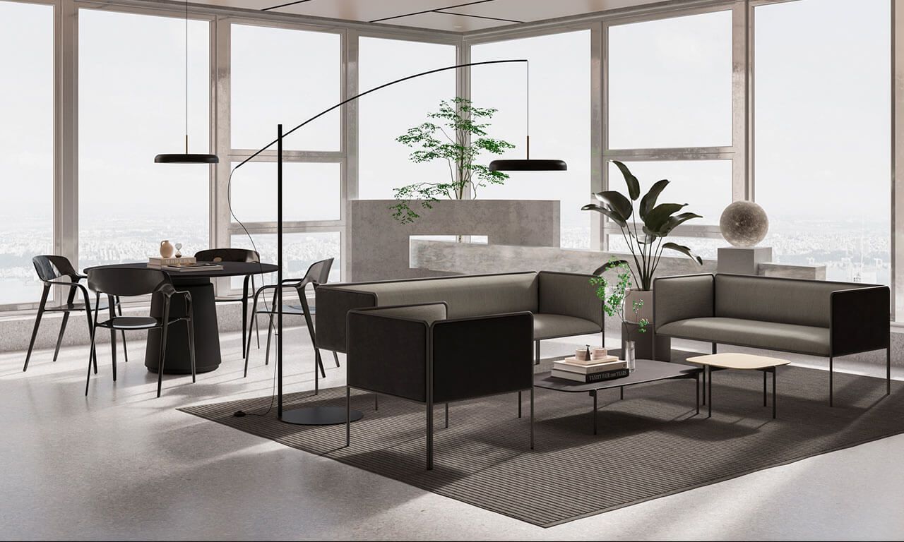 Salon et salle à manger avec canapés, fauteuils, table et chaise