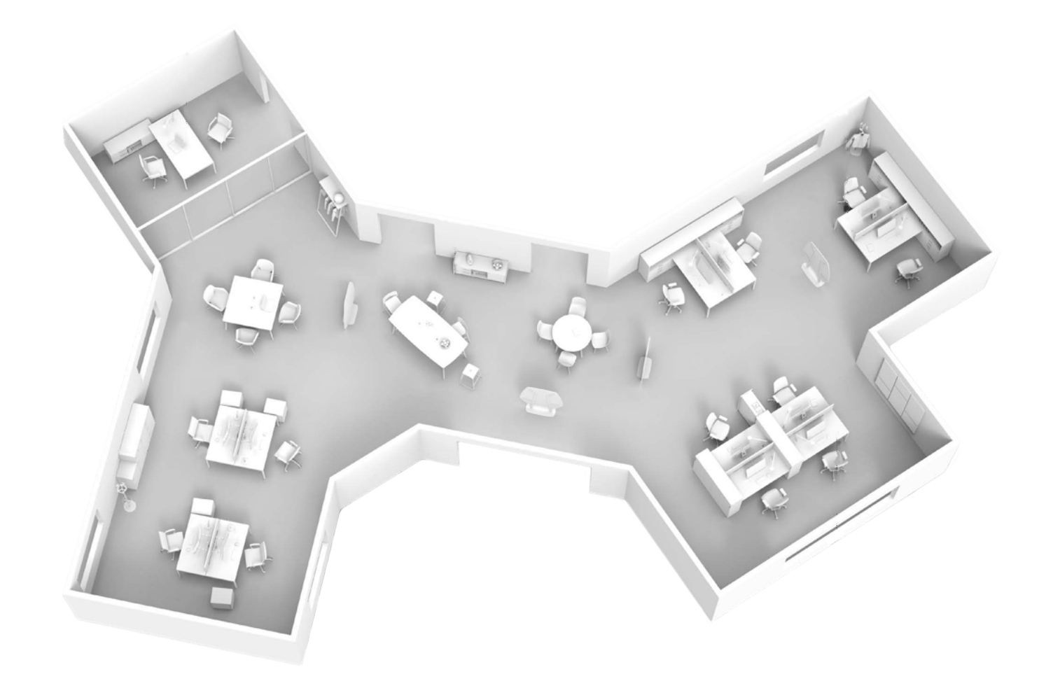 Plan 3D d'un openspace en vue du dessus