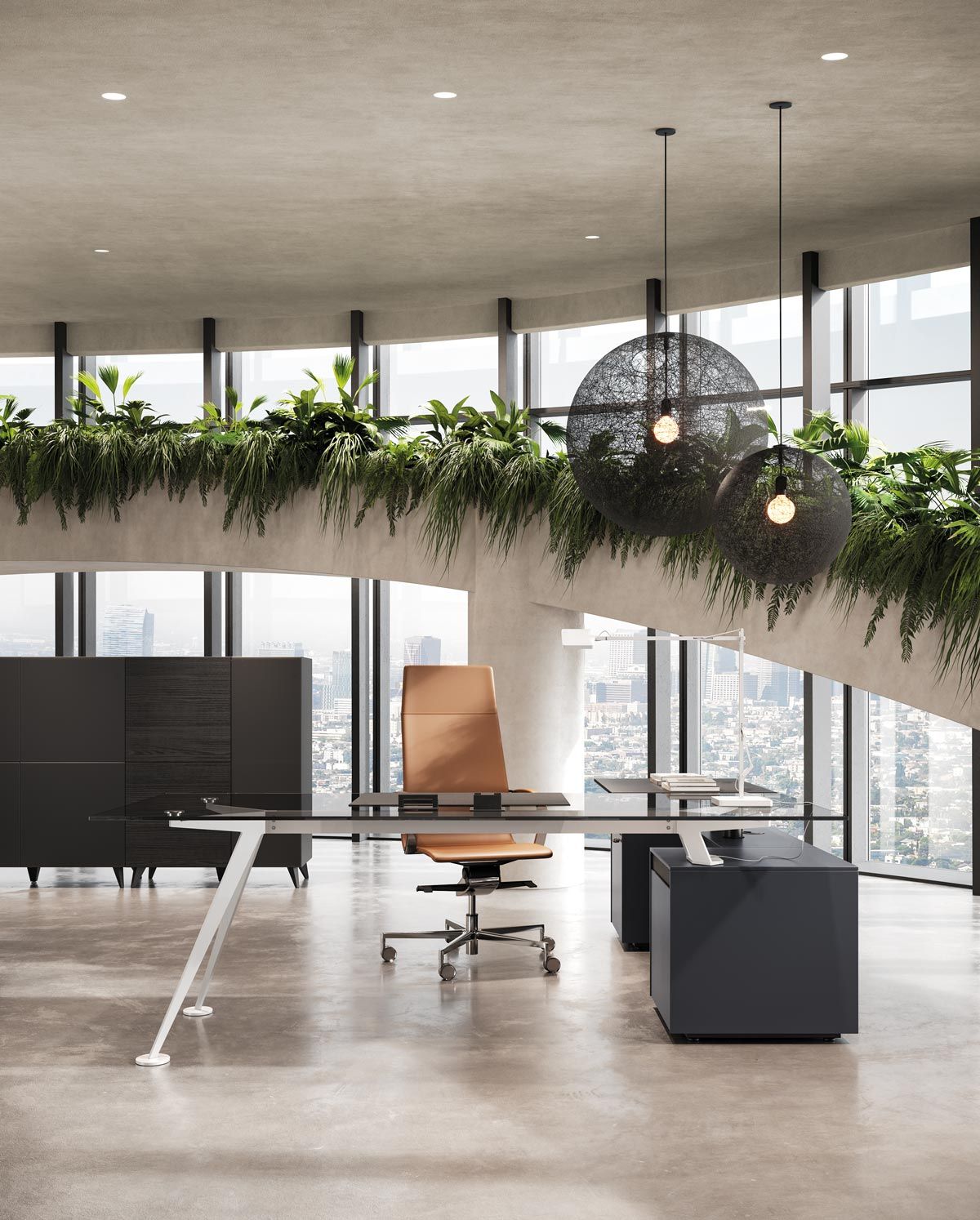 Bureau en verre et métal avec une arche végétalisée en arrière-plan