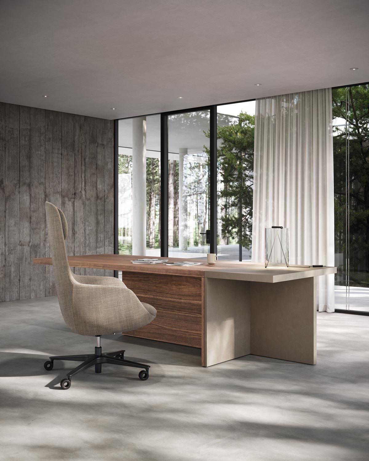 Bureau en bois et pierre avec baie vitrée en arrière-plan