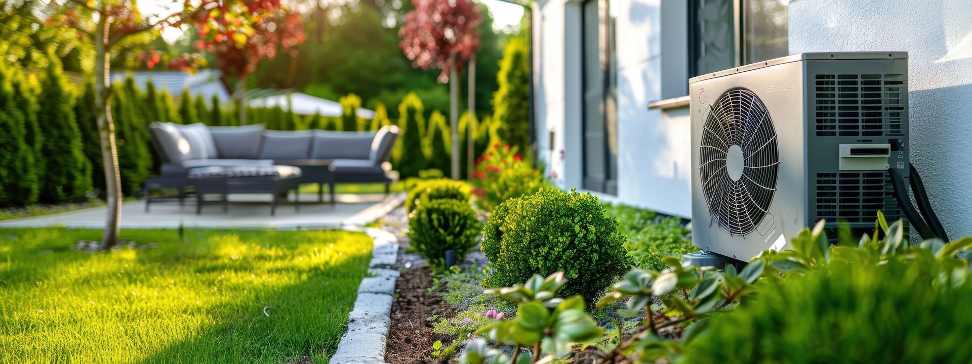 Un jardin avec une pompe à chaleur