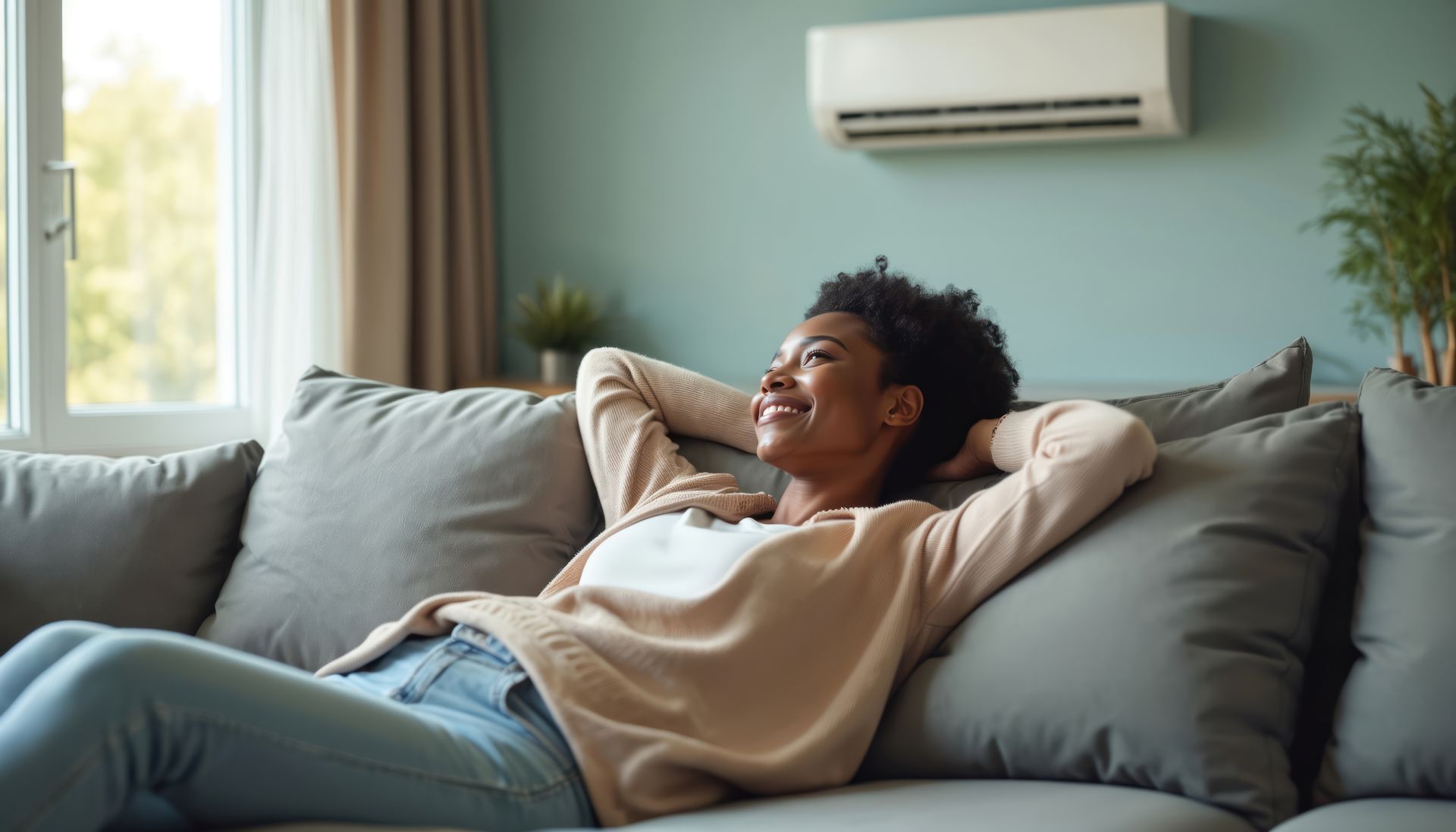 Une femme souriante sur un canapé
