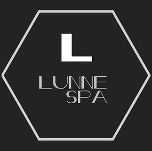 Logotipo para Lunne Spa: borde hexagonal blanco, fondo negro, "L" blanca y texto "LUNNE SPA".
