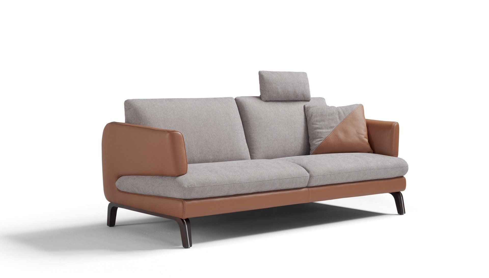 Canapé 2 places bi-matière et oreillers, cuir et tissu gris