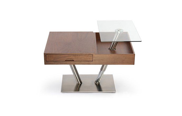 Table basse en bois avec plateau en verre relevable