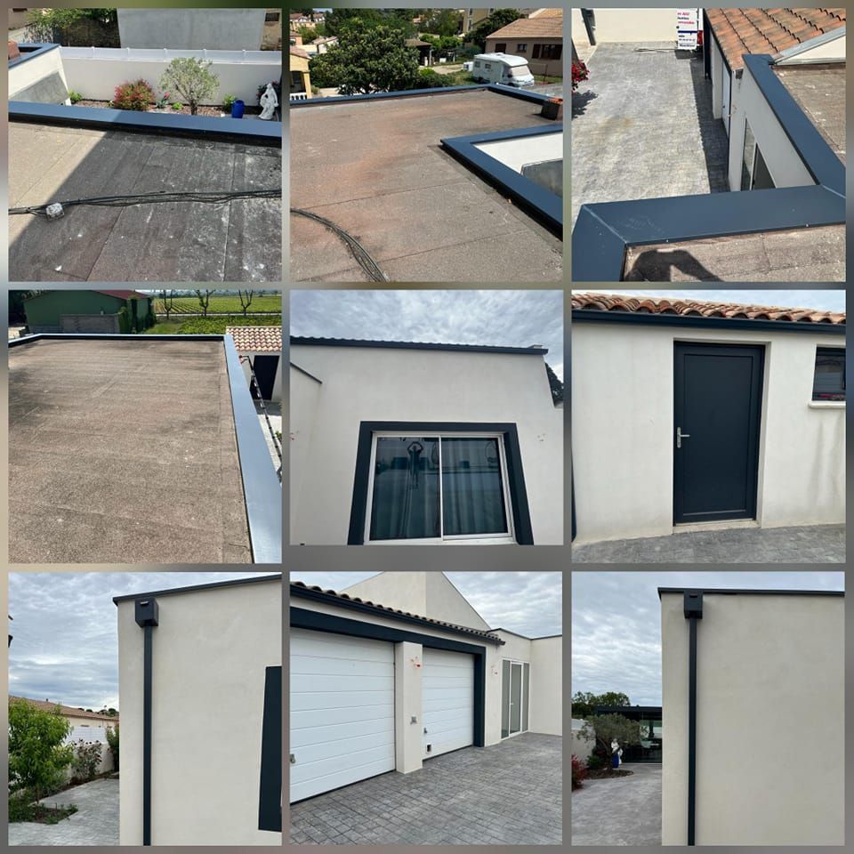 Des gouttières noires en aluminium sur une maison.