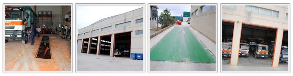 Un collage de cuatro fotografías de un almacén y un estacionamiento.