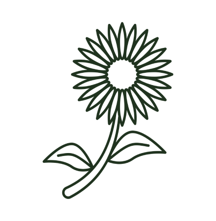 Einfache Strichzeichnung einer dunkelgrünen Blume mit Blütenblättern, Stiel und zwei Blättern auf weissem Hintergrund