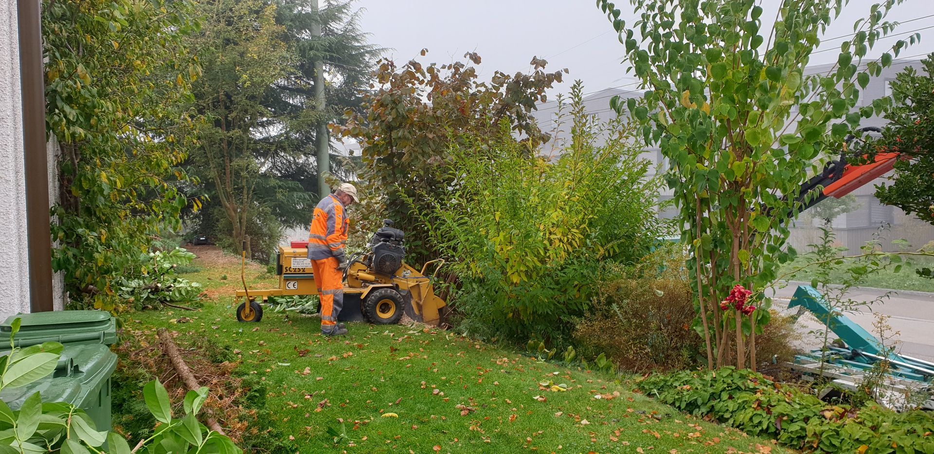 Ein orangefarbener Traktor arbeitet im Regen auf einem grünen Hof mit Bäumen und Sträuchern.