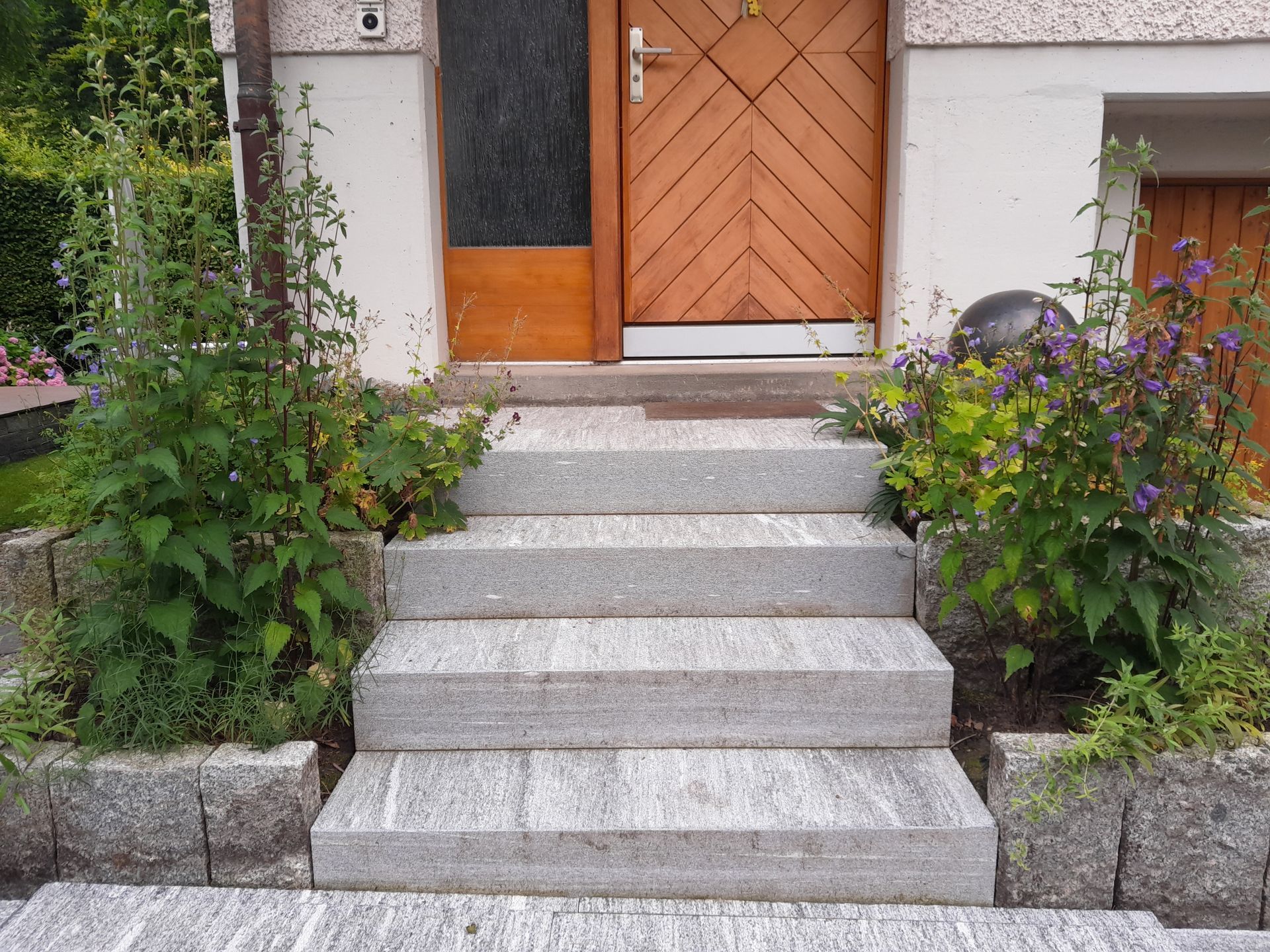 Steinstufen führen zu einer von grünen Sträuchern und violetten Blumen umrahmten Haustür.