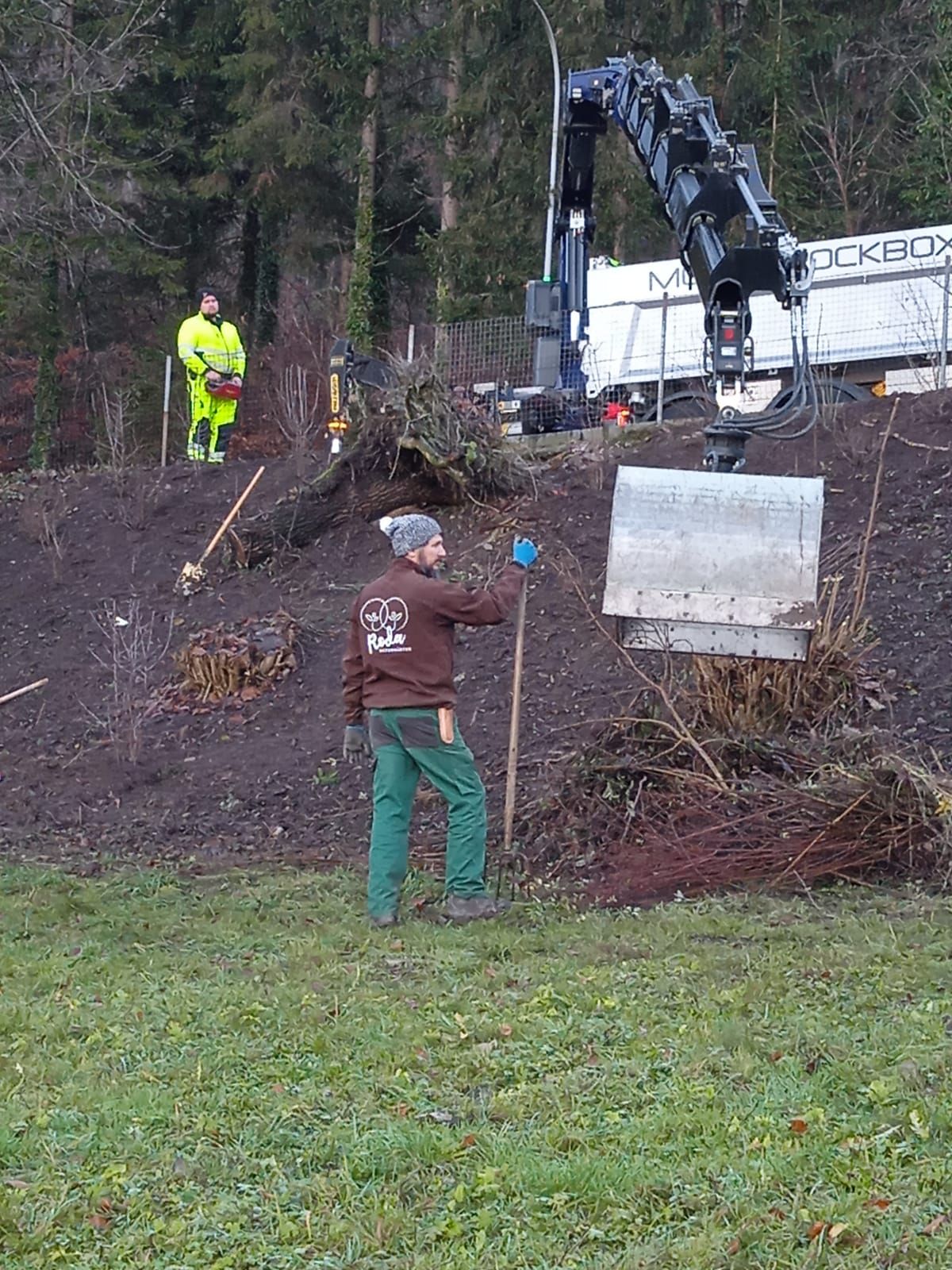 Arbeiter entfernen mit einem Bagger Gestrüpp an einem schlammigen Hang in der Nähe eines Waldes.