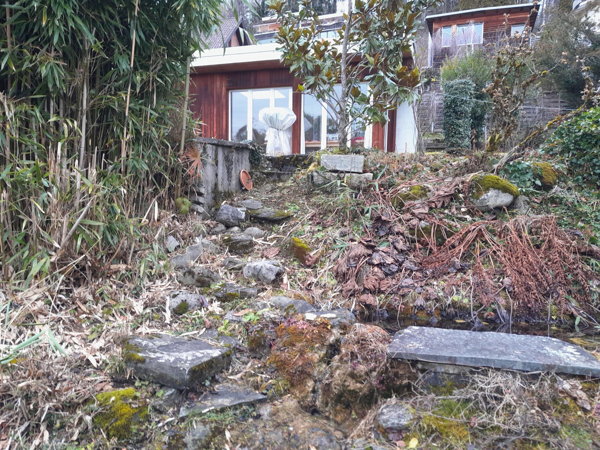 Ein steiler Steinpfad führt durch einen verwilderten Garten zu einem rustikalen Haus mit Glastür